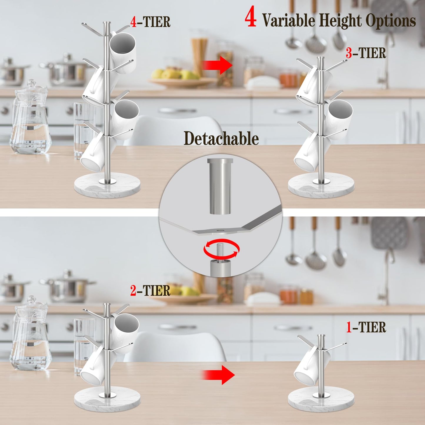 ZYZWTG Marble Mug Holder Tree with 8 Hooks, Detachable Stainless Steel Coffee Cup Holder, 2-8 Hooks Freely Adjustable, Modular Height, Heavy Duty Base Kitchen Countertop Organizer, Silver