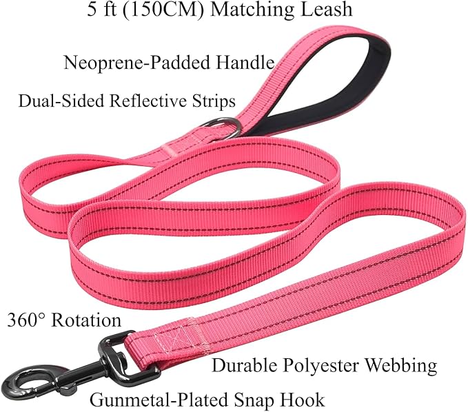 Dog Collar Leash Set, Durable Polyester with Safety Reflective Strips, 5 ft Matching Leash, Neoprene Padded Handle, Adjustable 4 Sizes for Small Medium Large Dogs.(M, Pink)