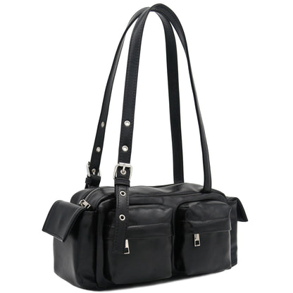 FashionPuzzle Glossy PU Leather Multi Pocket Shoulder Bag Satchel (Black)