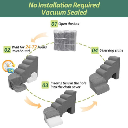 Dog Stairs for High Bed 28-32 Inches Tall, 6 Tier Non-Slip Pet Stairs Adjust to Left Side of Bed, Dog Steps for Small Dogs, Old Pets, and Injured Dogs, Gray