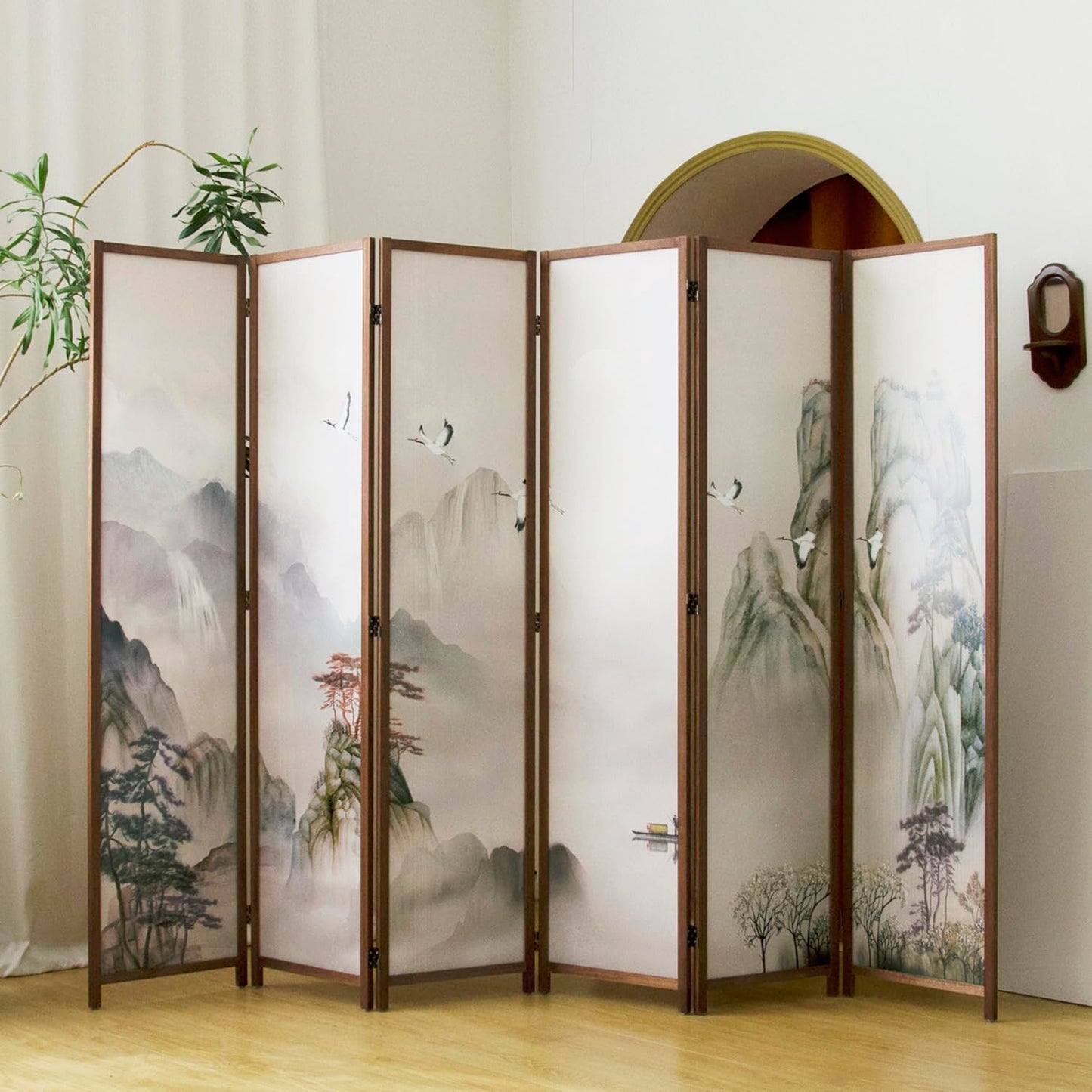 Pawlabay 6 Panel Room Divider, 5.6 ft Tall Blackout Folding Privacy Screen - Freestanding Partition Wall with Double-Sided Patterns, Ink-wash Mountain Landscape for Home Office (67" H x 94.5" W)