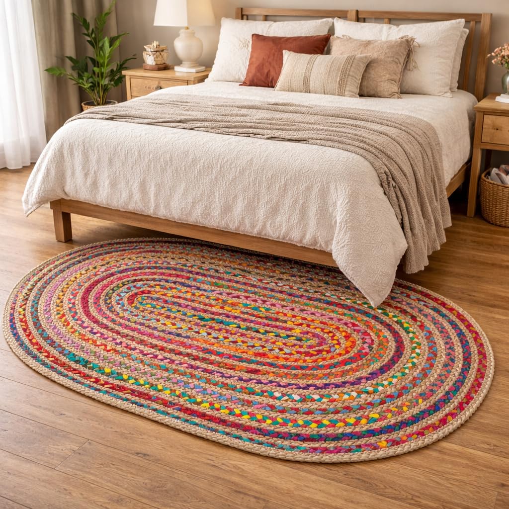 Savi Home Oval Jute Cotton Chindi Rug 3'x5' – Multicolor Braided Area Rug for Living Room, Kitchen, Entryway, Farmhouse & Bathroom – Handwoven Recycled Cotton Floor Mat