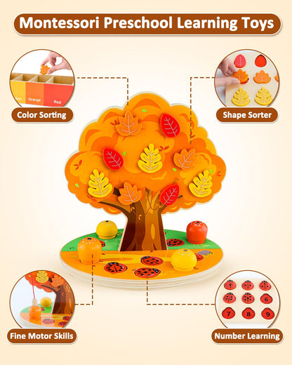 WoodsyJoy Montessori Toys for Toddlers 3-5, Wooden Sorting & Sensory Toy, Fine Motor Skills Learning Toy with Magnetic Apple Tree, Counting Ladybugs, Preschool Educational Toys for Kids