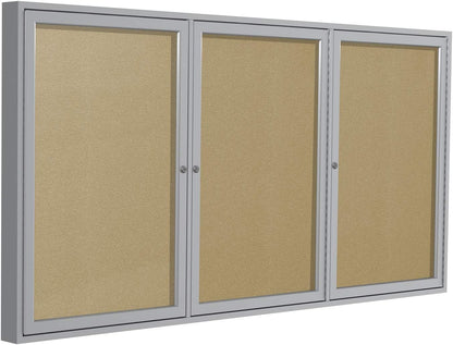 Ghent 36" x 72" 3-Door Outdoor Enclosed Bulletin Board with Lock, Vinyl Material, Shatter Resistant Acrylic Panels, Made in the USA, Satin Aluminum Frame - Caramel