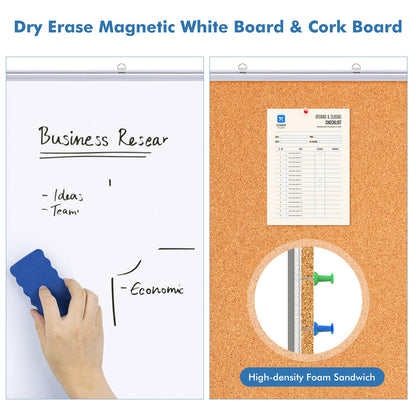 Magnetic White Board and Cork Board Combo, 48 X 36 inches Whiteboard Bulletin Combination Board, Wall Mounted Dry Erase Message Board for Home, School and Office