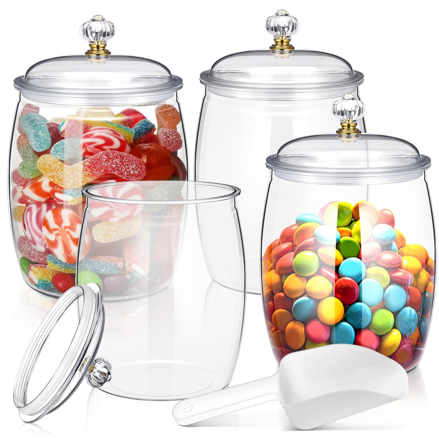 Nuogo 4 Pcs Plastic Candy and Cookie Jars with Lids Clear Cookie Container Candy Jars Large Airtight Apothecary Storage Organization for Wedding Home Kitchen Bar(128 oz)