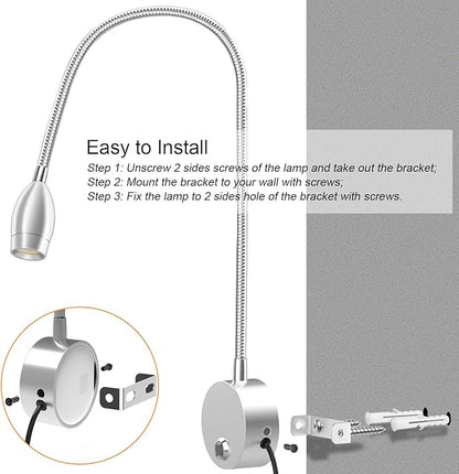 Wall Mounted LED Reading Light with 360° Flexible Gooseneck, Dimmable Bedside Reading Lights for Books In Bed, Plug In Headboard Night Lights, Eye-Caring, 3 Colors Temperature, Touch Control-2 Pack