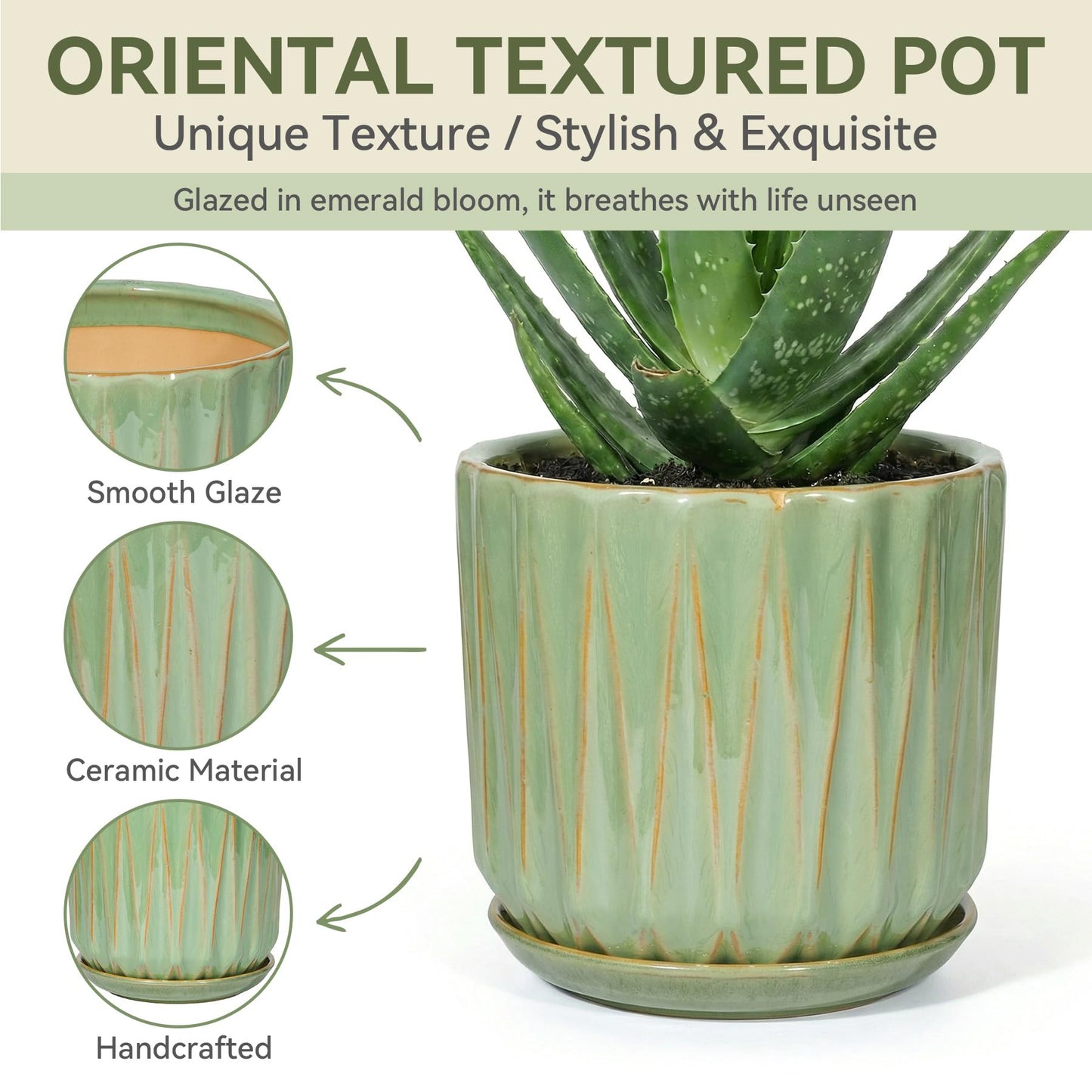 TOSELBAI 10 Inch Ceramic Planter Pot with Saucer Drainage Leak-Proof Mesh,Flower Pots for Indoor Plants with Gardening Gloves,Ceramic Planter(Light Green)