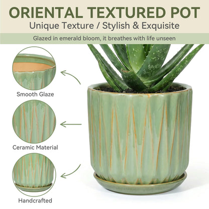 TOSELBAI 10 Inch Ceramic Planter Pot with Saucer Drainage Leak-Proof Mesh,Flower Pots for Indoor Plants with Gardening Gloves,Ceramic Planter(Light Green)