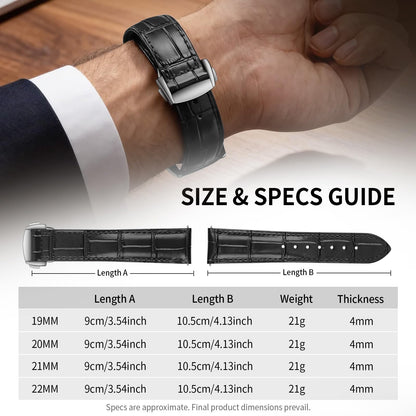 ULLCHRO Genuine Leather Watch Strap Deployment Clasp, 22mm Leather Watch Band for Men Women, Soft Ultrathin Classic Replacement, Premium Cowhide Vintage Stylish Accessory (20mm, Black)