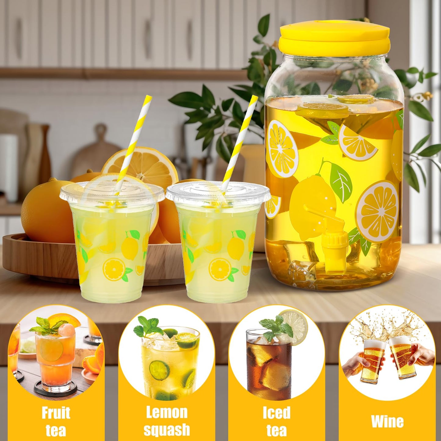 Umigy Lemonade Stand Supplies, 1 Gallon Plastic Drink Dispenser with Spigot, 100 Pcs 16 oz Lemon Disposable Plastic Cups with Lids and Straws, for Party Beverage Juice Ice Tea Beer(Lemon,Yellow)