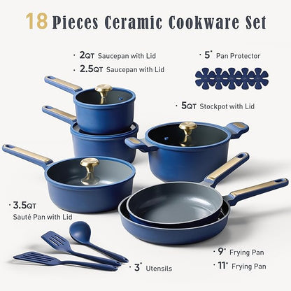 CAROTE Ceramic Cookwar Set, Pots and Pan Set Non Stick 18 Piece, Cookware Set Kitchen Cooking Set Non Toxic, PFAS PTFE Free, Blue