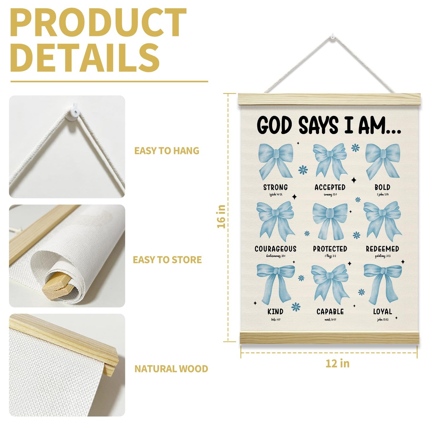 Christian Poster Hanger Frame-God Says I Am, Bule Bow Coquette Posters Canvas Wall Art for Women Girls Dorm Bedroom Decor, 12x16 Inches -028