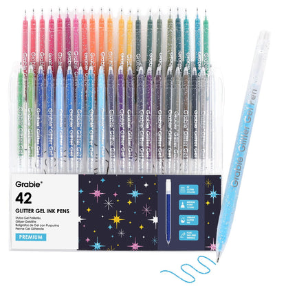Grabie Set of 42 Glitter Gel Pens Set, Silver Sparkle Ink, 1.0mm Fine Tip Gel Pens for Adult Coloring Books, Journaling, Drawing, Scrapbooking, Smooth Writing Art Supplies