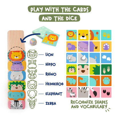 Nene Toys Wooden Block Stacking Game – 4-in-1 Tumble Tower Family Board Game with Building Blocks, Cards and Dice – African Safari Educational Wooden Toy for Kids 3-9 Years Old About Animals