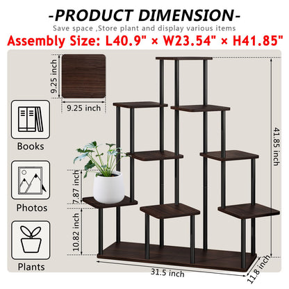 AZERPIAN Plant Stand 9 Tier Indoor Metal Flower Shelf for Multiple Plants Corner Tall Flower Holders for Patio Garden Living Room Balcony Bedroom, Black Oak