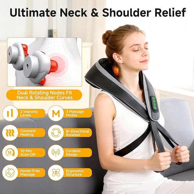 6D Neck Massager for Pain Relief Deep Tissue, Kneading Shiatsu Neck and Shoulder Massager with Heat,Cordless Massager for Back and Shoulder Pain, Gifts for Women Men Home Office Christmas