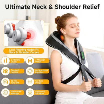 6D Neck Massager for Pain Relief Deep Tissue, Kneading Shiatsu Neck and Shoulder Massager with Heat,Cordless Massager for Back and Shoulder Pain, Gifts for Women Men Home Office Christmas