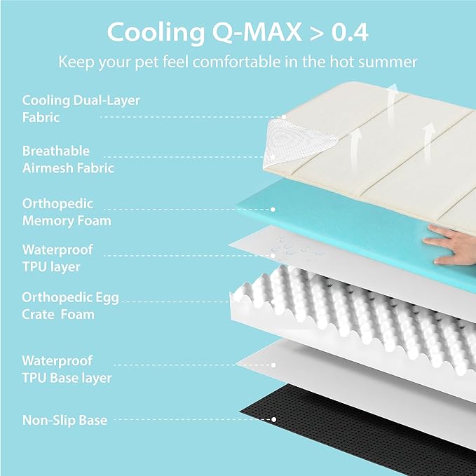Cooling Dog Bed for Medium Dogs - Orthopedic Pet Beds with Memory Foam, QMAX>0.5, Waterproof Removable Washable Cover for Hot Weather, Dark Beige, 30" L x 20" W x 3" H
