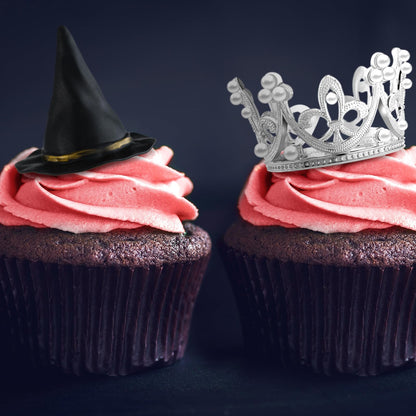 Geelin 42pcs Witch Theme Party Supplies Black Balloons Cake Topper Mini Balloons, Silver Plastic Crown and Black Women Witch Hat Fantasy Decoration Balls for Birthday Cake Decoration