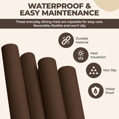 CaSail Faux Leather Placemats and Coasters - Set of 4 Round Modern Brown Table Mats for Dining - Heat Resistant, Waterproof & Non Slip Place mat for Indoor & Outdoor - Wipeable for Easy Care (Brown)