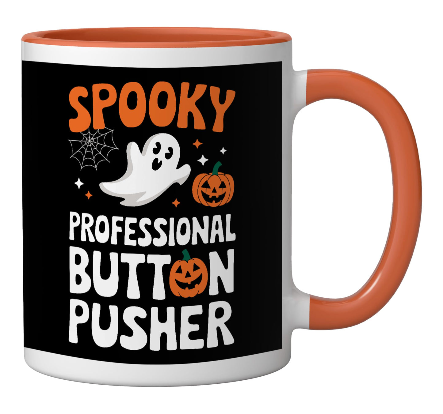 Spooky Professional Button Pusher Ceramic Mug, Orange/White