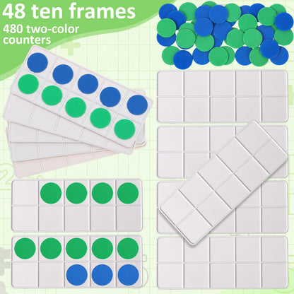 Soulchen 48 Sets Plastic Ten Frames for Classroom Math Manipulatives for Kids Classroom Math Counters Supplies Including 48 Plastic Ten Frames, 480 Counters for Teach Number Concepts (Blue, Green)