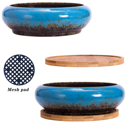 ARTKETTY Succulent Pots - Large Succulent Planters with Drainage, 7.3 Inch Ceramic Bonsai Pots with Bamboo Tray Set of 2, Shallow Cactus Flower Planter Bowl for Indoor