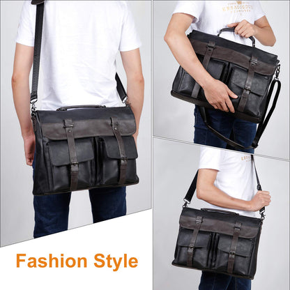seyfocnia Men's Vintage Black 17.3 Inch Water Resistant PU Leather Laptop Bag, Messenger Bag, Satchel, Briefcase