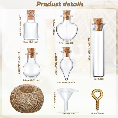 Geiserailie 50 Pieces Small Tiny Glass Spell Jars Bottle with Cork Stopper Witchy Gifts Witchcraft Supplies Wishing Bottles with Eye Screws Funnel Rope for DIY Crafts(Transparent, Style A)