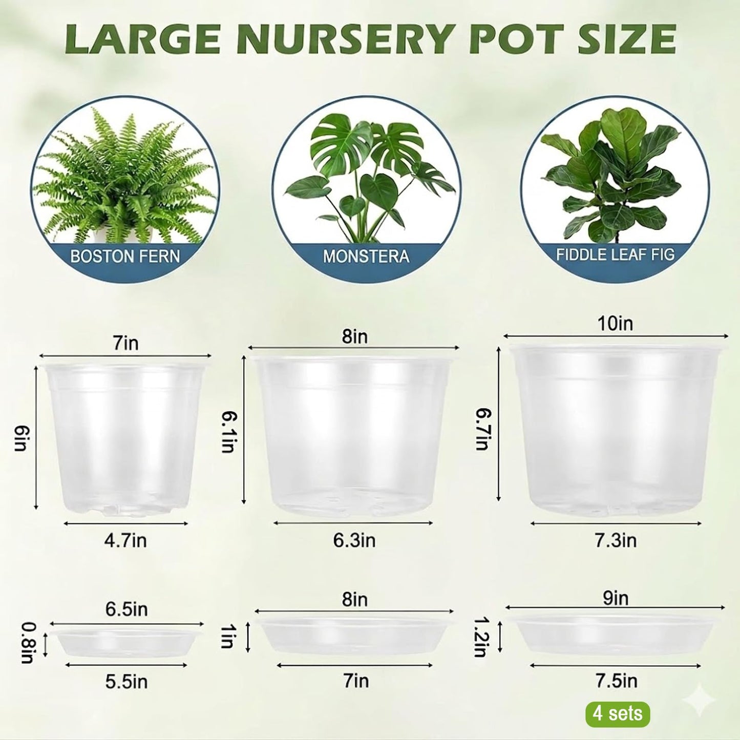 THEIFOXONE 4 Sets 10 Inch Large Clear Nursery Pots with Drainage Holes, Thick Reusable Plastic Plant Pots for Indoor Outdoor Plants, Seedlings, Succulents, Transplanting (10 inch)