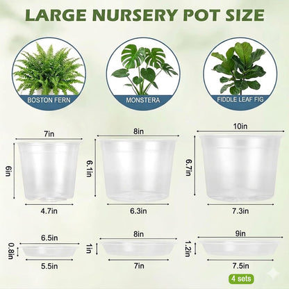 THEIFOXONE 4 Sets 10 Inch Large Clear Nursery Pots with Drainage Holes, Thick Reusable Plastic Plant Pots for Indoor Outdoor Plants, Seedlings, Succulents, Transplanting (10 inch)