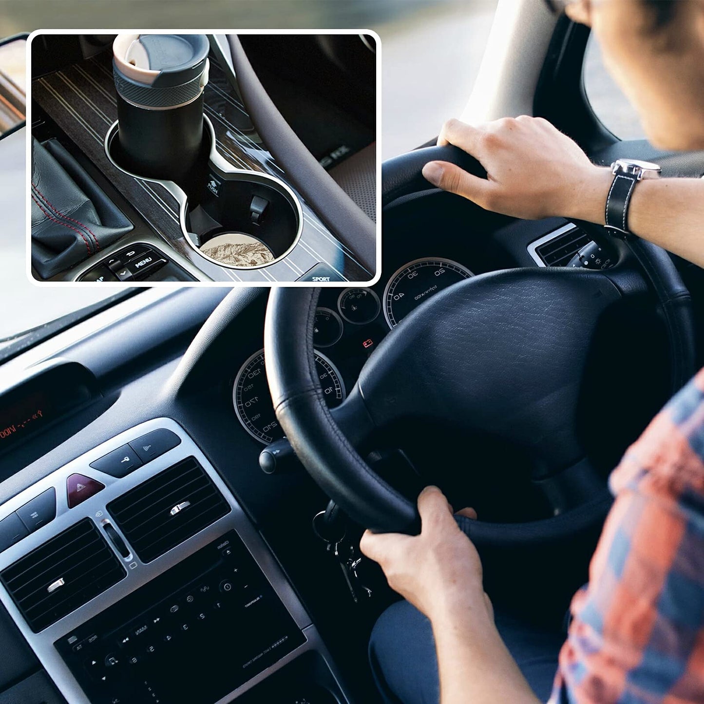 xigua Absorbent Car Coasters 2 Pack, Ceramic Coaster with Cork Back and Finger Slot, Western Desert Cowboy Car Cup Coasters 2.56"