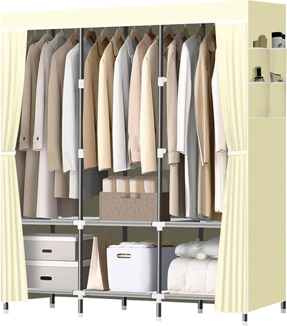 LOKEME Wardrobe Closet,Portable Closet for Bedroom Steel Pipe Diameter 19mm Strong and Sturdy Beige Portable Closets for Hanging Clothes with 3 Hanging rods, 6 Storage Shelves and Side Pocket