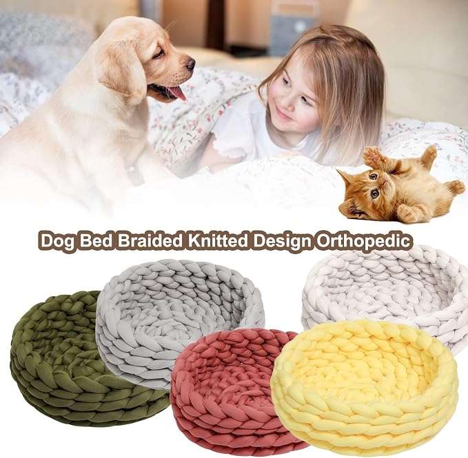 Woven Dog Bed Basket, Knitted Cotton Cat Bed Round Washable Woven Cat Pet Bed Chunky Dog Basket, Orthopedic, Chunky Knit Dog Nest,Dog Bed,Dog Cave,Dog Bedding(Yellow,21")