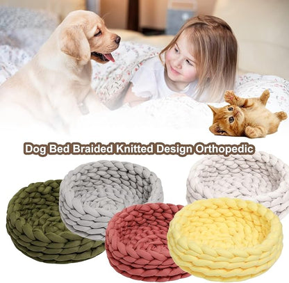Woven Dog Bed Basket, Knitted Cotton Cat Bed Round Washable Woven Cat Pet Bed Chunky Dog Basket, Orthopedic, Chunky Knit Dog Nest,Dog Bed,Dog Cave,Dog Bedding(Blue,17")