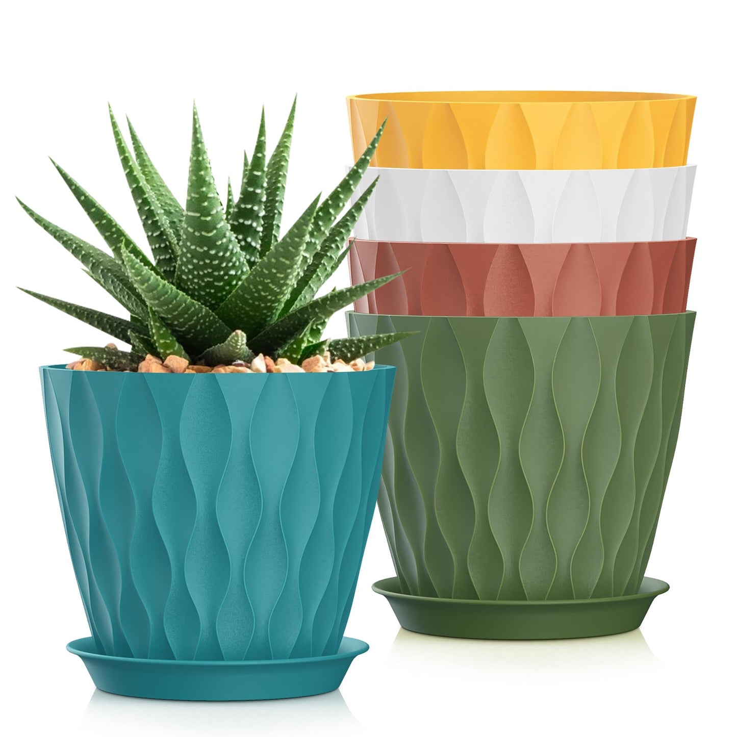 SQKH 7 Inch Plant Pots 5 Pack, Flower Planters with Drainage Holes and Trays,Plastic Pots for Indoor Outdoor Plants,Multicolor