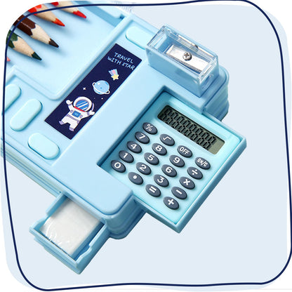 LilyBeauty Multifunction Pencil Case with Calculator, Pencil Sharpener and Curriculum, Multiple Cute Patterns, Suitable for Elementary School Girls, Boys, Great Gifts for Kids (Black)