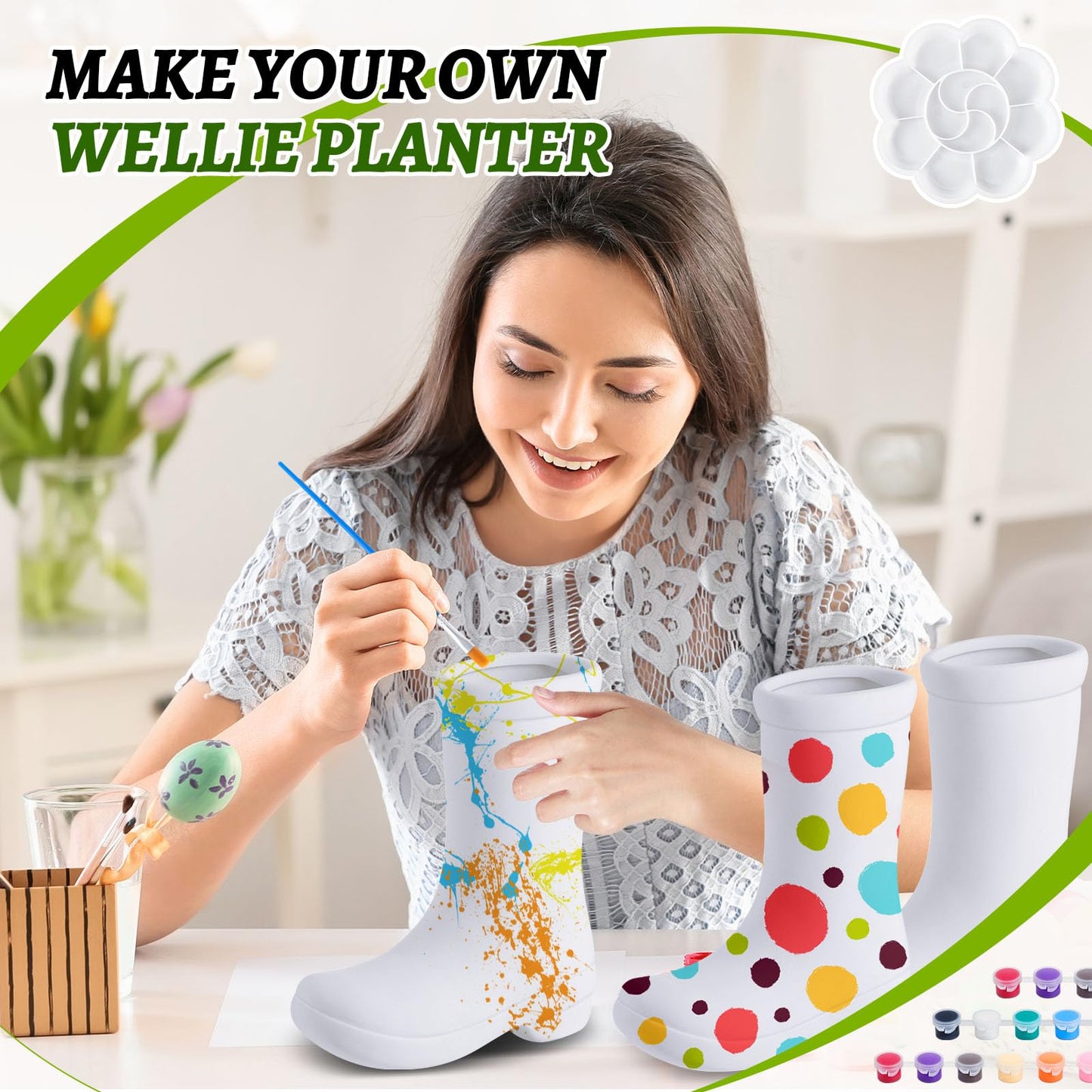 Yerliker 4 Pcs Mini Spring Boot Vase 5.91'' Tall DIY Boot Ceramic Planter White Finish Flower Vase Centerpieces with Palette Paintbrush Pigment for Indoor Outdoor Home Room Office Decor