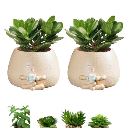 FHDUSRYO Smiley Face Planter Pot, 2Pcs Cute Resin Flower Head Planters for Indoor Outdoor, Unique Sit Succulent Pots with Drainage Hole for Mothers Day, Teacher, Plant Lovers (Drink)