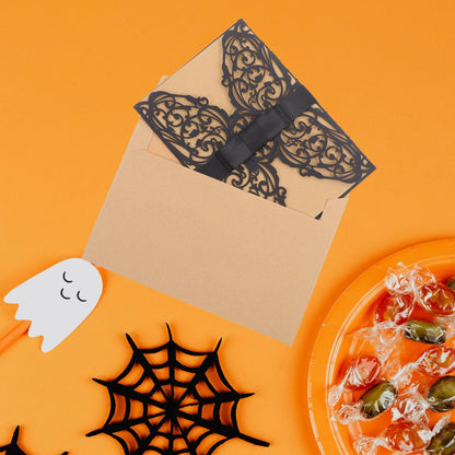 STOBOK Halloween Party Invitations - 10pcs Laser Cut Invitation Cards with Envelopes and Bowknots - Black Hollow Card Kits for Horror Party Supplies Weddings Baby Showers Event Celebrations 7.1x4.9in