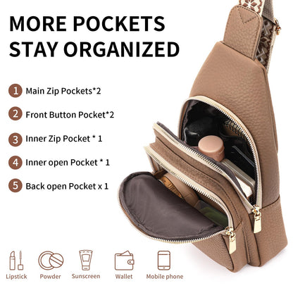 FALAN MULE Small Crossbody Sling Bags Fanny Packs Leather Purses Chest Bag for Women (Khaki)