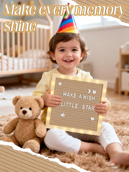 Changeable Felt Letter Board with LED Lights - 10×10" Message Custom Signs & Wood Stand& 450 Letters, Poster Board for Baby/Pregnancy Announcement/Classroom Wall Decor Gifts First Day of School, Camel