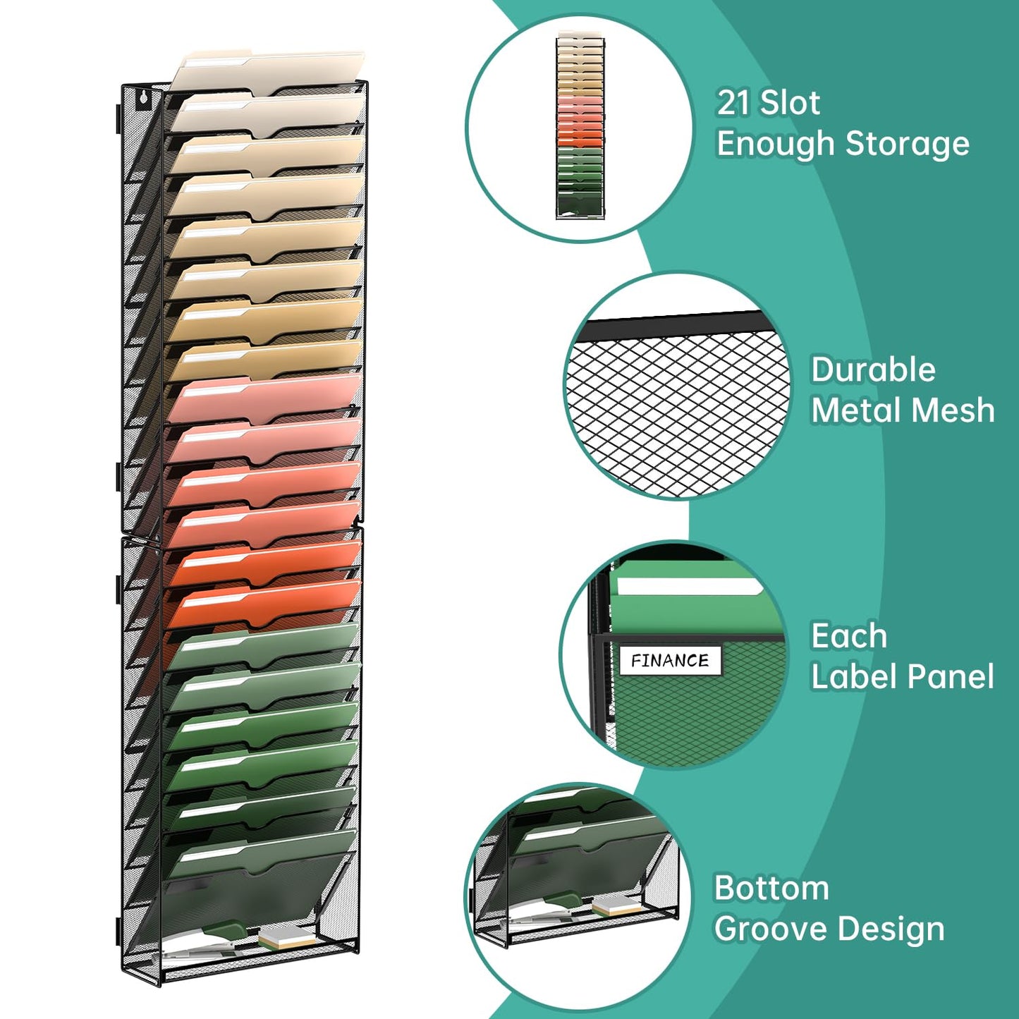SUPEASY 21 Tier Wall File Organizer, Hanging Wall Mounted Mail Organizer with Label Slots, Metal Mesh File Holder Magazine Rack for Office, Home, School or Classroom, Black