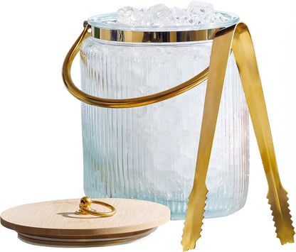 Le'raze Glass Ice Bucket with Airtight Lid, Tong Scooper and Handle - 3L Ribbed Beverage Tub Cocktail Home Bar Accessories, Wine, Beer Chiller for Parties, Champagne Drink Cooler Hinged Handles