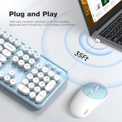 MOFII Wireless Keyboard and Mouse Combo, Computer Full Size 2.4G Plug and Play Wireless Typewriter Retro Round Keyboard and Mouse Set for Windows, Computer, Desktop, PC, Notebook - (Light Blue)