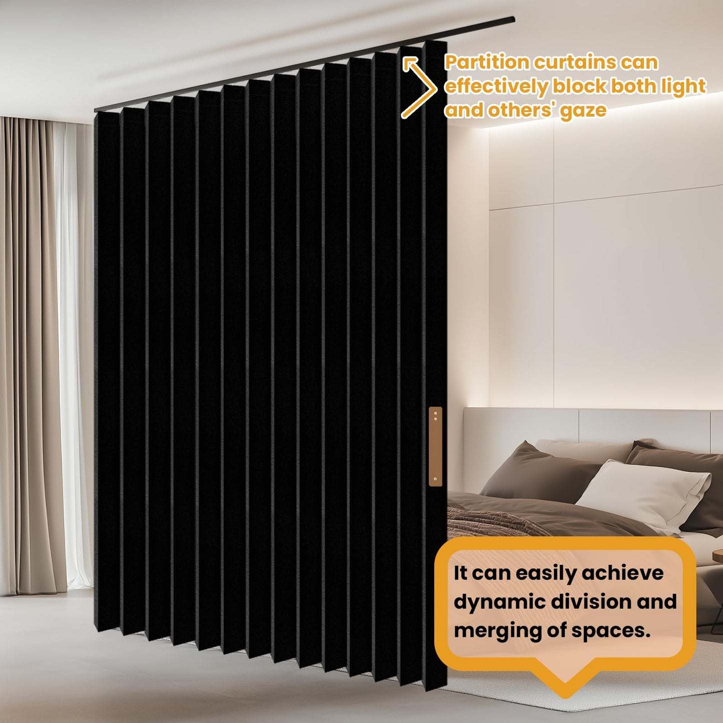 JILRON Accordion-Style Room Divider with Ceiling Track - Foldable Partition Curtain, Easy Installation(Black 100" W x 84" L-Pack of 1)