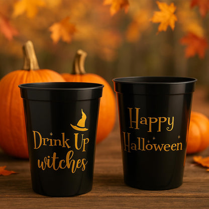 Drink Up Witches Halloween Cups For Adults, Set of 12 Black Party Cups, 16 Oz Each Reusable Plastic Cup, Halloween Party Favors For Adults, Perfect Spooky Cup for Drinkware and Decorations