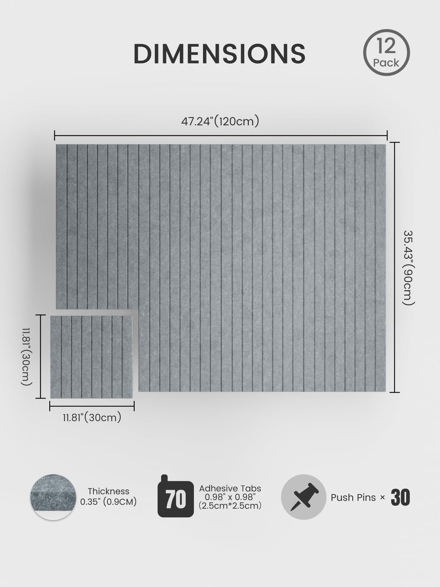 Bumusty Large Cork Board Alternative-48 x 36" Felt Bulletin Board Tiles, with 30 Pushpins, 70 Adhesive Tabs, Fine-Stripe 12-Pack, Cork Boards for Office Push Pin Board Felt Board-Blue Gray