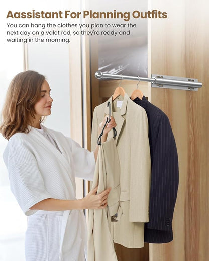 Supforce Valet Rod for Closet Pull Out, Retractable Slide Out Valet Rod Closet Organization, 12" Aluminum Valet Clothing Hanger Rods Perfect for Suits, Freshly Pressed Clothes, Matte Silver